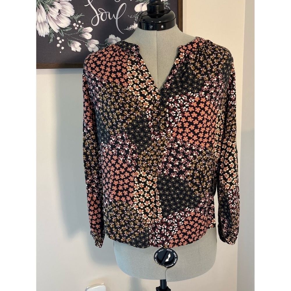 LOFT Black Pink Floral Patchwork Button Down Blouse Petite XSP